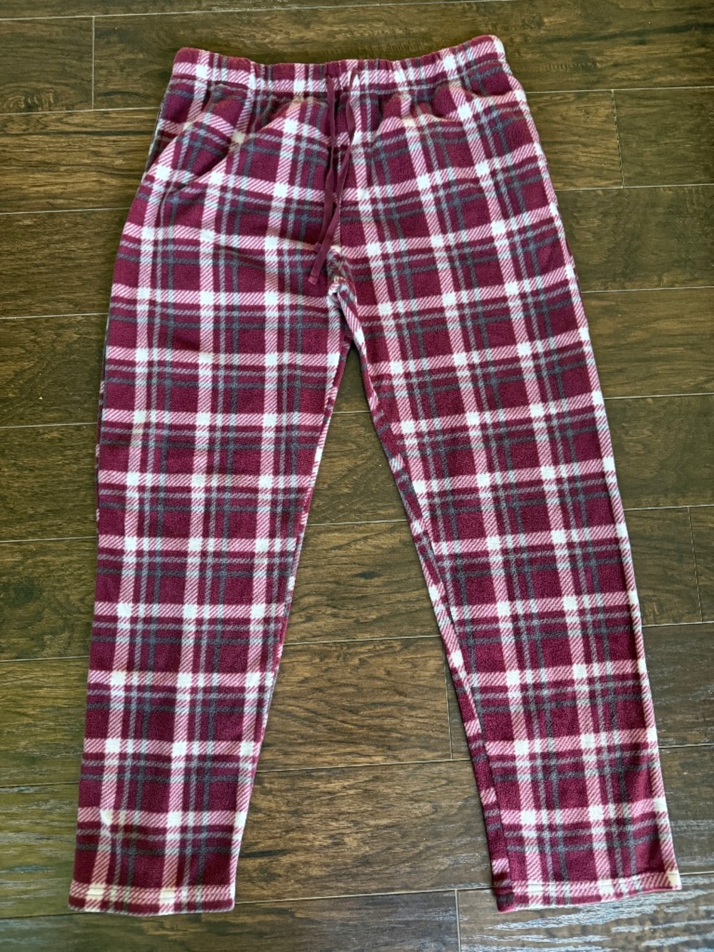Isotoner Men’s Fleece Plaid Lounge Pajama Pants Burgundy Gray Size L